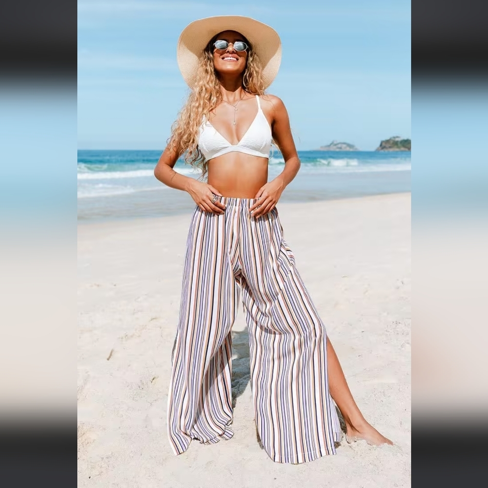 CUPSHE Brittney Striped Elastic Waist Beach Cover-Up Pants Swim Resort Size L - Picture 2 of 3